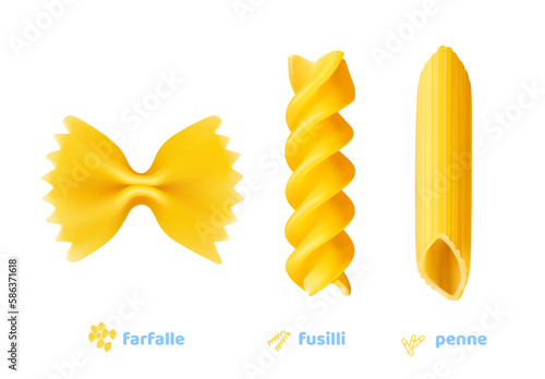 Hight realistic farfalle, penne and fussili pasta. Vector illustration isolated on white background. Can be use for template your design, promo, adv. EPS10.
