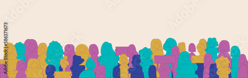 Crowd of angry protesters with revolution posters. People  protesting against discrimination. Colored flat vector illustration