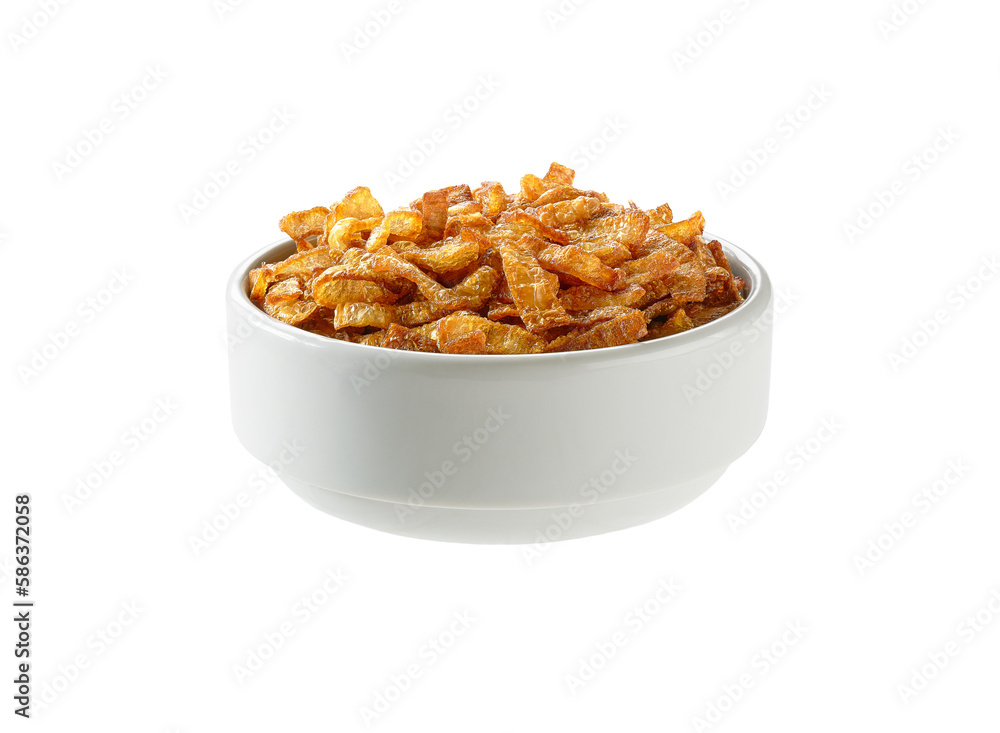 Crispy fried shallots on white bowl, isolated on white background. clipping path. Deep fried shallots for garnishing in white bowl. Crispy fried shallots on white bowl, isolated on white background. clipping path. Deep fried shallots for garnishing in white bowl.
