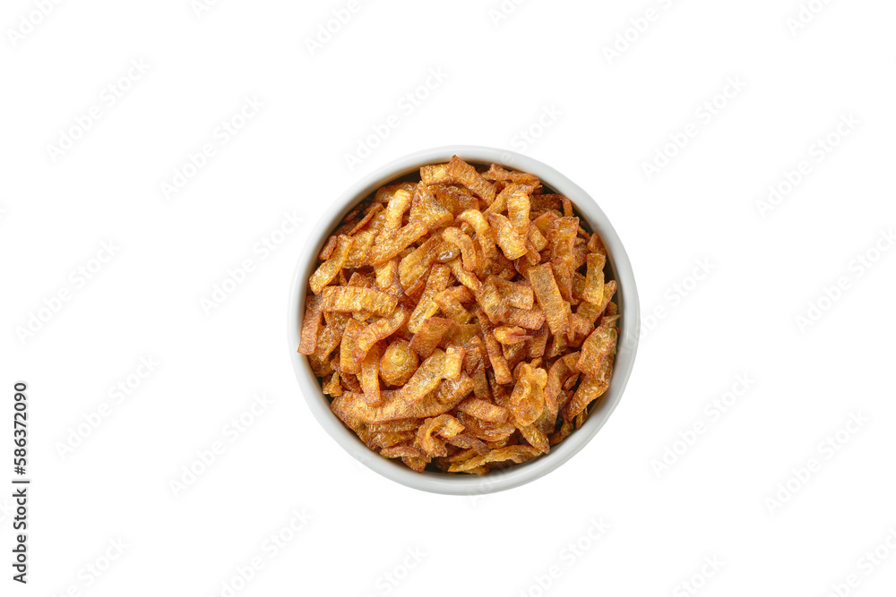 Crispy fried shallots on white bowl,isolated on white background, top view. clipping path. Crispy fried shallots on white bowl,isolated on white background, top view. clipping path.