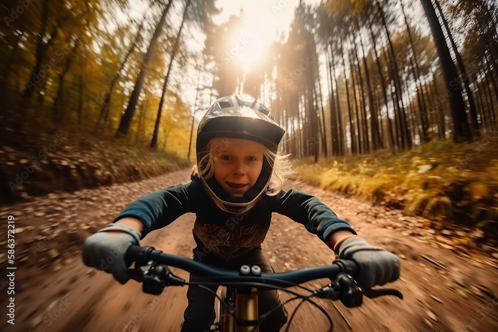 Kid with Bike Adventure. Child riding a bike with a helmet in nature. Outdoor adventure concept. AI Generative