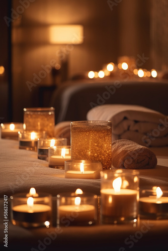  Indulge in Luxury. A luxuriously appointed spa with plush robes and scented candles. Relaxation and pampering concept with space to text. copy space. AI Generative