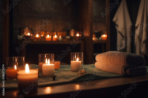 Indulge in Luxury. A luxuriously appointed spa with plush robes and scented candles. Relaxation and pampering concept with space to text. copy space. AI Generative