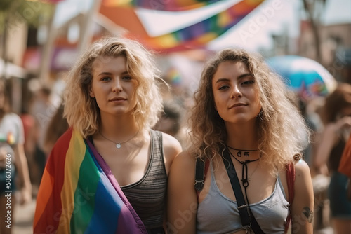  Love Without Borders. A lesbian couple holding hands at a pride parade surrounded by rainbow flags. Inclusion and diversity concept. AI Generative