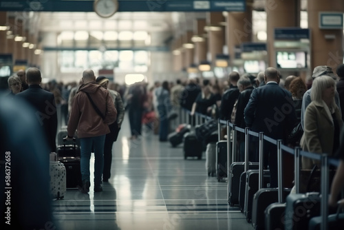 Airport Rush. Long line of people waiting at the check-in counter in the airport. Travel and tourism concept. AI Generative