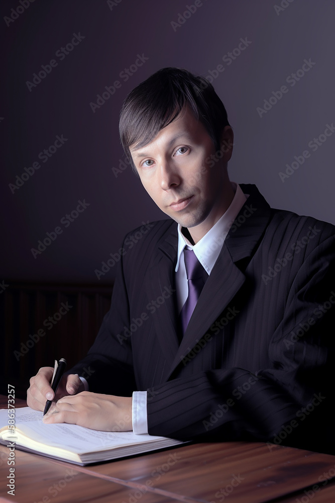 Conceito de justiça, juiz masculino fazendo relatórios no tribunal, julgamento justo, redigindo nova lei para a era moderna