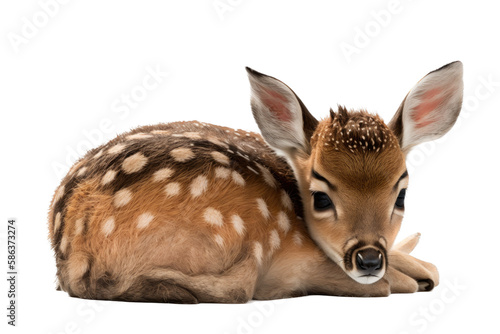 a spring-themed illustration photo featuring an isolated cute baby deer fawn laying down set on a transparent background in PNG. Generative AI photo