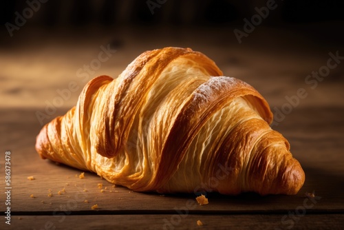 French croissant on wood table. Sweet bun, restaurant banner. Chocolate croissant recipe, macro food photography