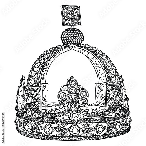 King or Queen crown.  Monarch coronations with Coronet Jewel represent United Kingdom constitutional responsible government and sovereignty or authority of the monarch. State Crown made of gold.