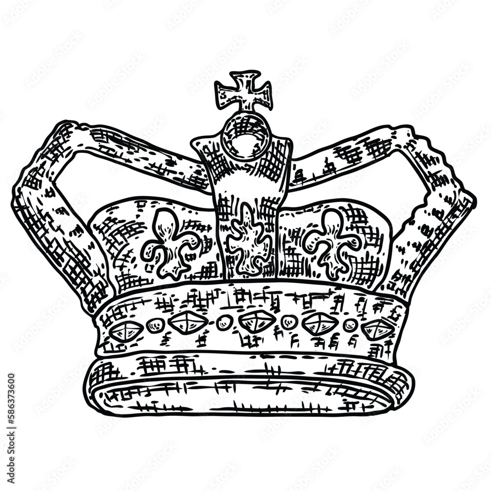 King or Queen crown on in vintage etching style. Coronation headdress