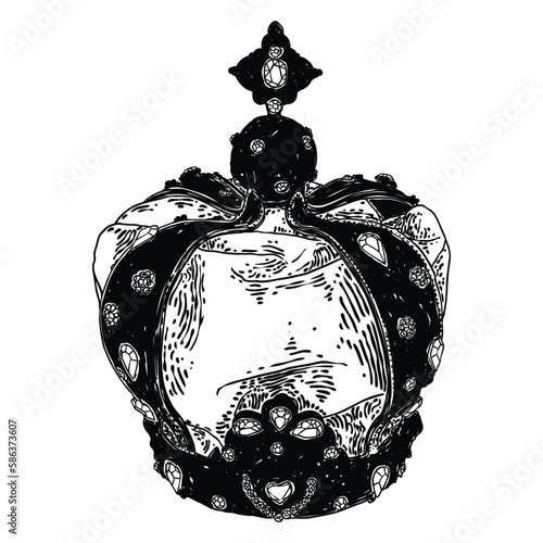 King or Queen crown.  Monarch coronations with Coronet Jewel represent United Kingdom constitutional responsible government and sovereignty or authority of the monarch. State Crown made of gold.
