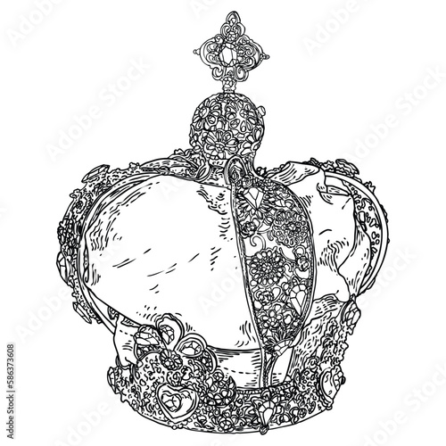 King or Queen crown.  Monarch coronations with Coronet Jewel represent United Kingdom constitutional responsible government and sovereignty or authority of the monarch. State Crown made of gold.