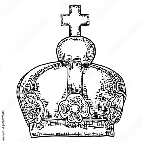 Crown headdress for king and queen. Royal noble aristocrat monarchy jewel crown. Monarch jewels royalty luxury coronation treasure symbol. Hand drawing vector.