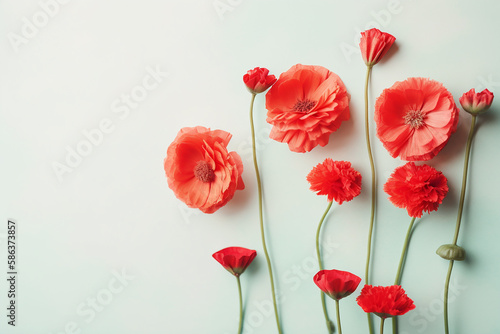 Conceito de dia das mães plano leigo com flores vermelhas sobre fundo pastel,