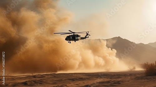 military chopper crosses crosses fire and smoke in the desert, generative ai