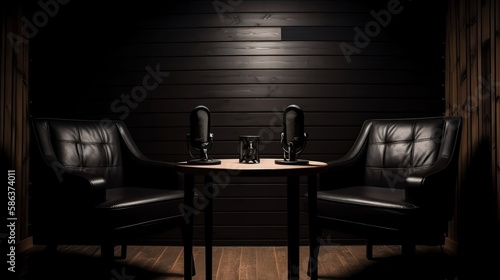 two chairs and microphones in podcast or interview room isolated on dark background, generative ai © Creative Station