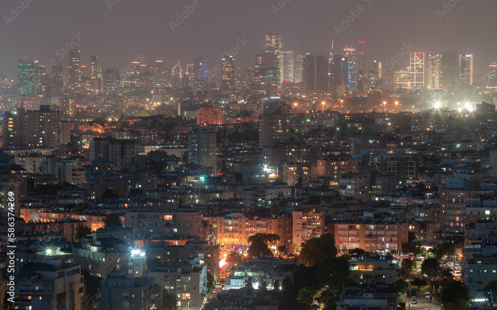 Tel Aviv city, Israel night panorama. Modern view of Gush Dan and suburbs. Jaffa, Ramat Gan and Bat Yam streets