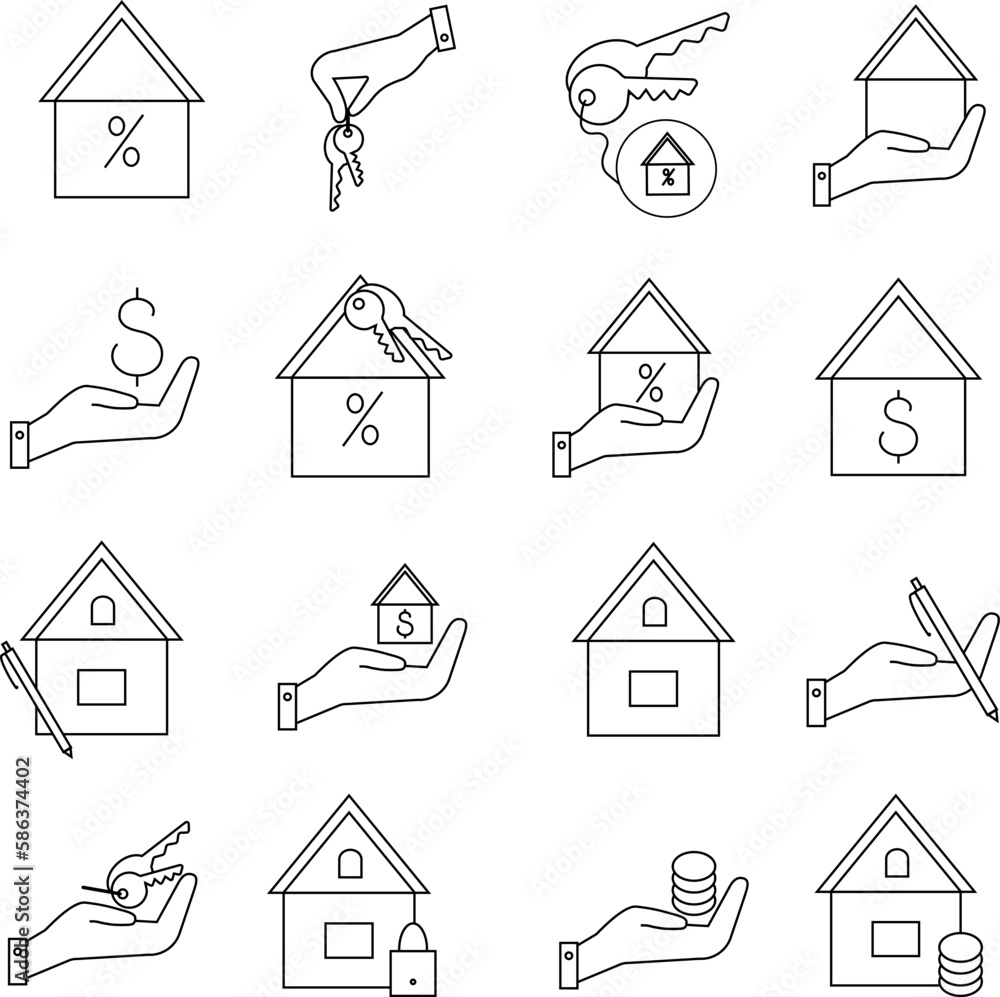 Real estate, icons set. Purchase and sale of housing, rental of premises, mortgage, mortgage loan, linear icons. Line with editable stroke