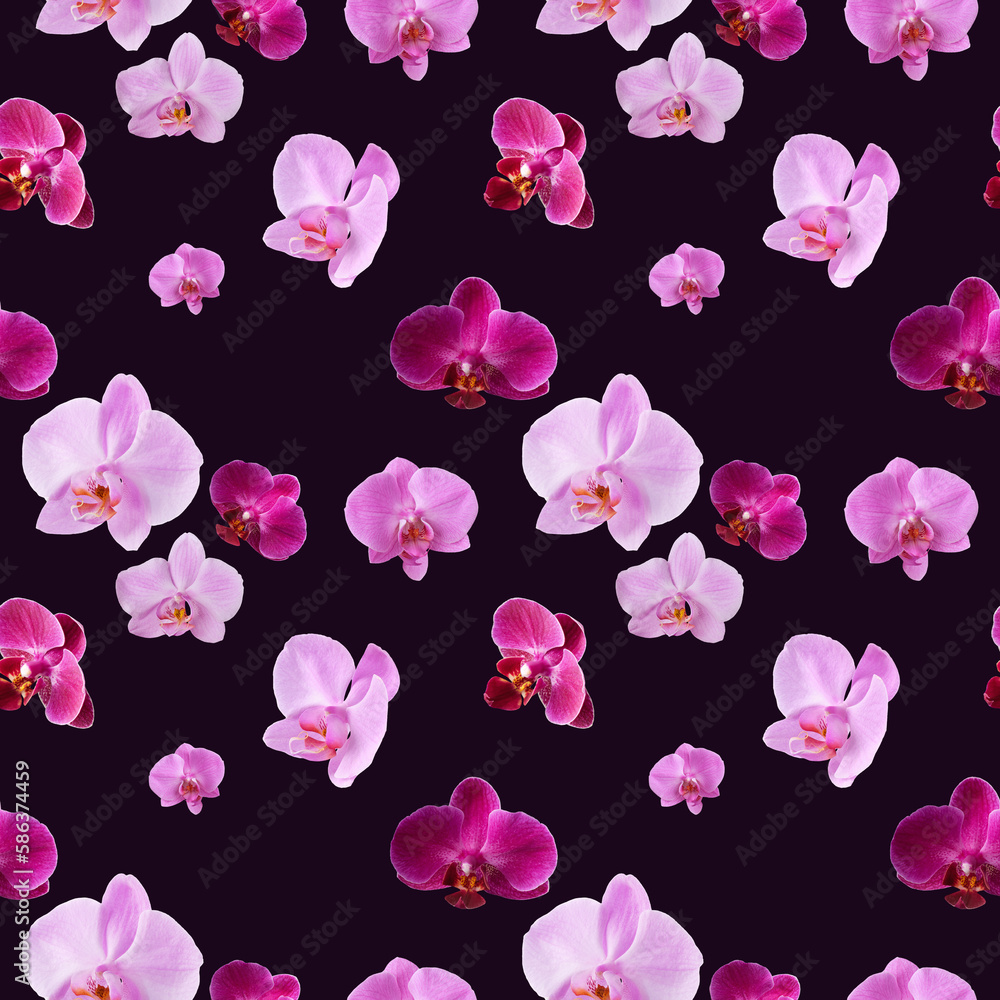 Naklejka premium Beautiful seamless pattern of orchid flowers. Orchids pattern for design on dark purple background.