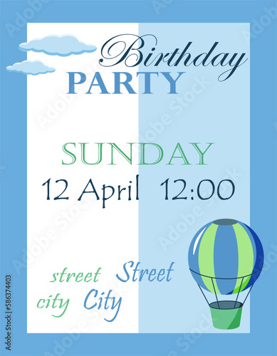Happy Birthday invitation card with hot air balloon and clouds on a white/blue background with a blue frame. Cartoon vector illustration. Copy space.