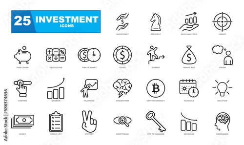 Investment linear icons. The set includes icons such as investment, finance, business and much more. Perfect icons for website.