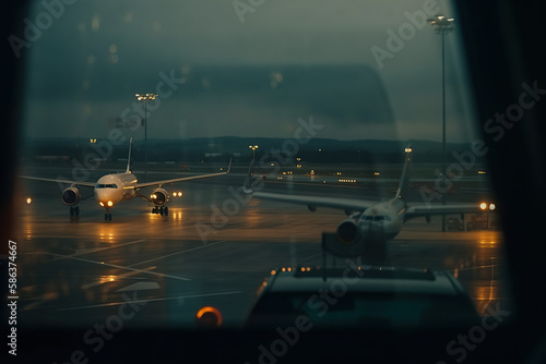Airplane in airport at rainy day. delay. Weather-Proof Flights. Ensure safe and on-time flights even in bad weather conditions at the airport. Airplane and safety concept. AI Generative