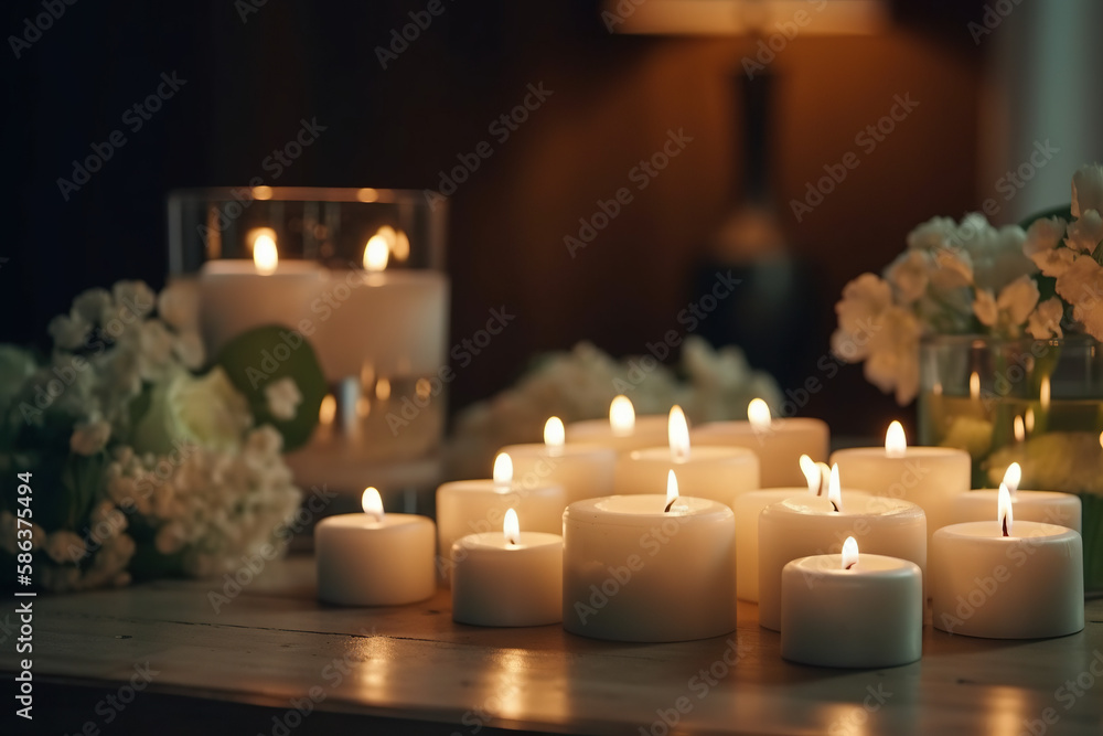 Ultimate Relaxation. A luxuriously appointed spa with plush robes and scented candles. Perfect background for spa ads with ample copy space. Wellness and self-care concept. AI Generative Ultimate Relaxation. A luxuriously appointed spa with plush robes and scented candles. Perfect background for spa ads with ample copy space. Wellness and self-care concept. AI Generative