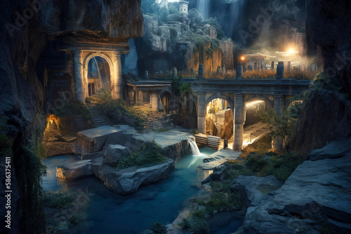 Underground city with river and rooms, fantasy of lost cave town, generative AI. photo