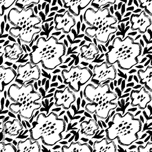 Vector seamless pattern with ink drawing wild flowers  monochrome artistic botanical illustration. Repeatable floral monochrome artistic backdrop.
