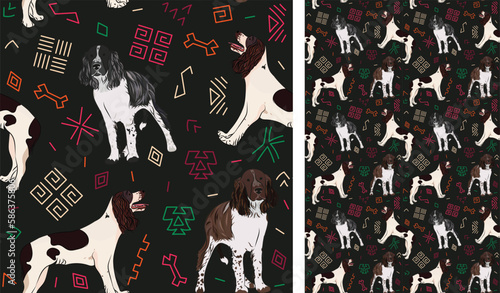 Abstract ethnic pattern with Springer Spaniel, black background, juneteenth seamless pattern with hand-drawn lines and colorful shapes in traditional African style. Summer seamless pattern with dogs. 