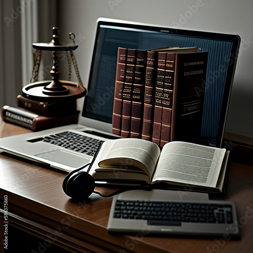 Legal Books on a desk by a laptop | Generative AI