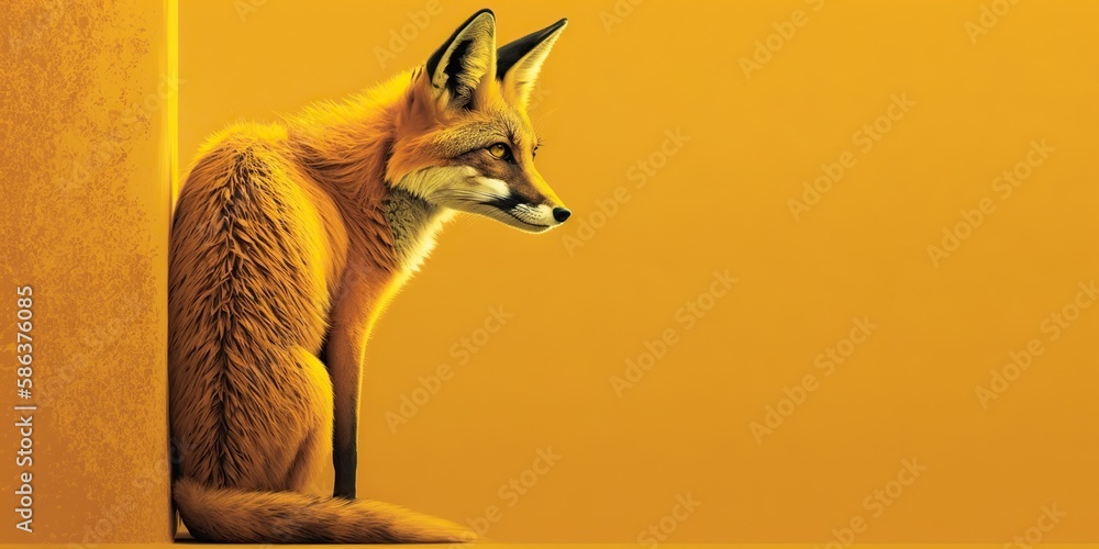 Fototapeta premium Wary fox peeks around yellow corner on plain background, concept of Watchful and Inquisitive, created with Generative AI technology