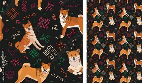 Abstract ethnic pattern with Shiba Inu, black background, juneteenth seamless pattern with hand-drawn lines and colorful shapes in traditional African style. Summer seamless pattern with dogs. Bright
