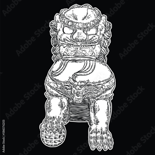 Chinese Imperial guardian lion drawing. Traditional Chinese architectural statue ornament made of decorative stone, such as marble and granite or cast in bronze or iron. Vector.