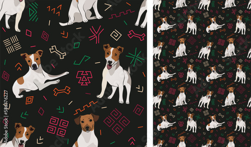 Abstract ethnic pattern with Jack Russell, black history month, juneteenth seamless pattern with hand-drawn lines and colorful shapes in traditional African style. Summer seamless pattern with dogs. 