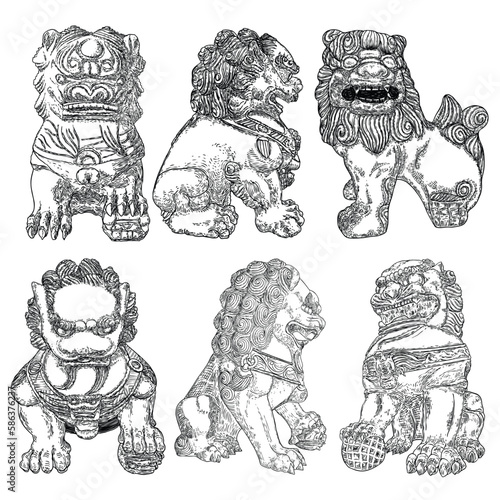 Set of drawing of traditional Chinese lions on a white background. Oriental Asian lion temple guard. Traditional ancient stone statue lion guardian. Lions are traditionally carved from stone. Vector.
