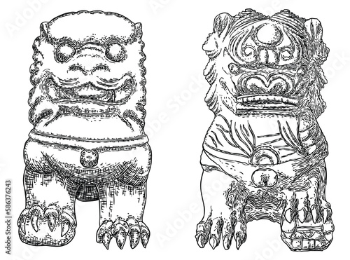 Imperial guardian lions set, foo dog or fu dog in western languages. Stylized Chinese lions, male with a ball and female with a cub. Protect the building from harmful spiritual influences. Vector.