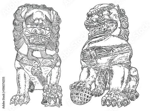 Imperial guardian lions set, foo dog or fu dog in western languages. Stylized Chinese lions, male with a ball and female with a cub. Protect the building from harmful spiritual influences. Vector.