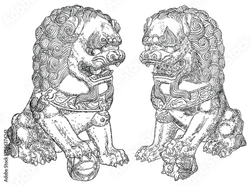 Imperial guardian lions set, foo dog or fu dog in western languages. Stylized Chinese lions, male with a ball and female with a cub. Protect the building from harmful spiritual influences. Vector. photo