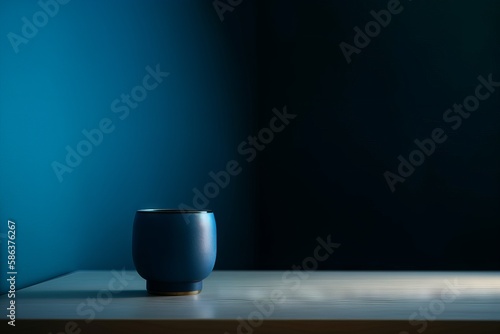 Blue porcelain vase on a table, background image. AI Generated