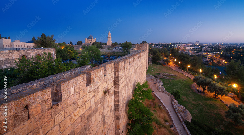 Jerusalem: Old City Wall, Abbey of the dormition, night view