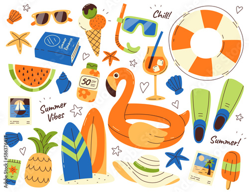 Beach flat illustrations set. Sunscreen, surfboard, cocktail, flippers, postcards from holidays and shell souvenirs
