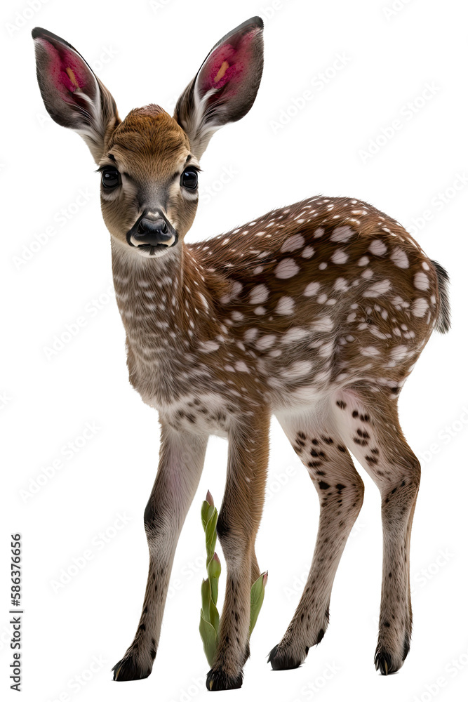 a spring-themed illustration photo featuring an isolated cute spotted baby deer fawn standing set on a transparent background in PNG. Generative AI a spring-themed illustration photo featuring an isolated cute spotted baby deer fawn standing set on a transparent background in PNG. Generative AI