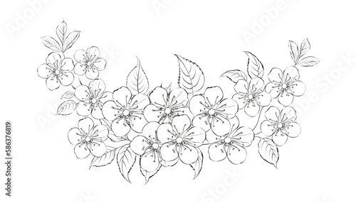 Black silhouette of a garland of sakura flowers. Vector illustration on white background.