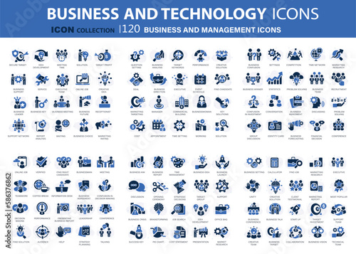Business and marketing, management, find job, meeting, teamwork collection. 120 set of blue icons set. Flat vector illustration 