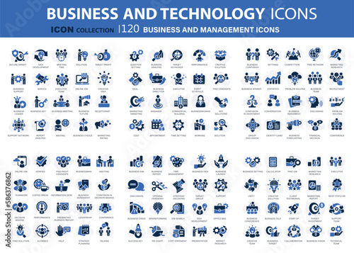 Business and marketing, management, find job, meeting, teamwork collection. 120 set of blue icons set. Flat vector illustration	