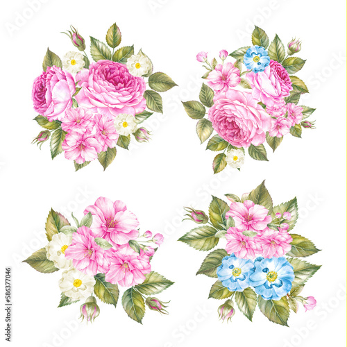 Fototapeta Naklejka Na Ścianę i Meble -  Rose elegant watercolor flower. Pink bouquet illustration