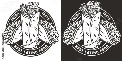 Burrito with meat and vegetable for logo or emblem. Traditional taco mexican fast food. Burritos and tacos latin food