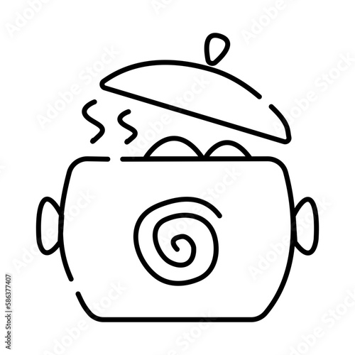 Stewpan with hot meal, black and white vector illustration of cooking in pot