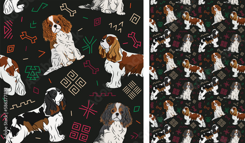 Abstract ethnic pattern with Cavalier King Charles Spaniel, black history month, incas seamless pattern with hand-drawn lines and colorful shapes in traditional African style. Seamless pattern.